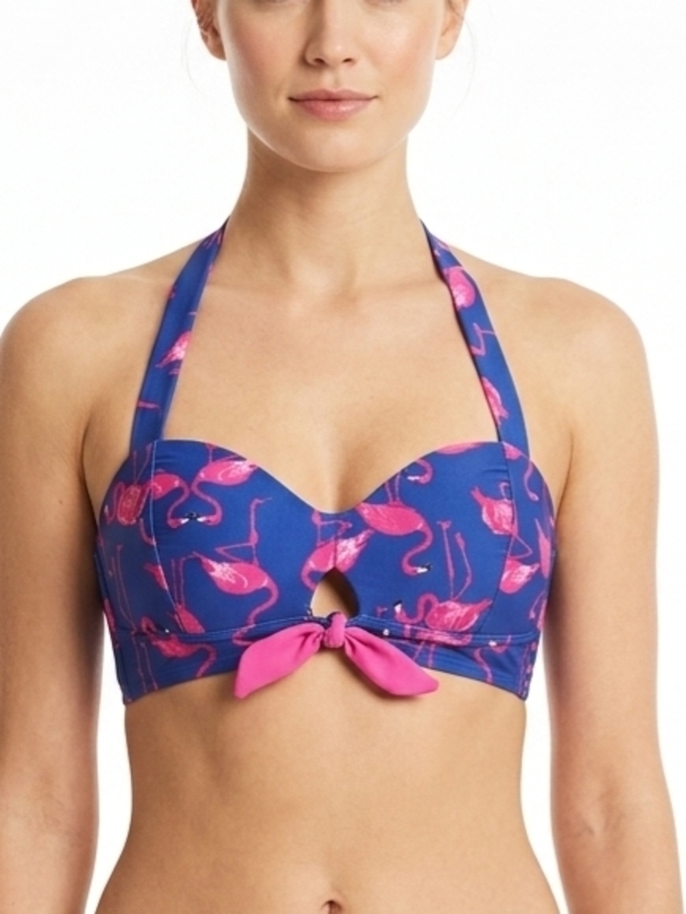 Unique Vintage Swim Blue & Pink Flamingo Print Halter Bikini Top | Size M